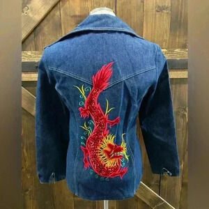 Custom Western Style Denim Jean Jacket with Red DRAGON Embroidery Woman’s Size M